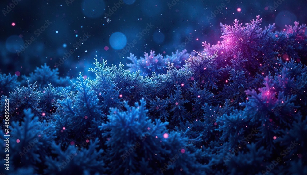 Fototapeta premium Icy blue and purple frost patterns on a black background Cold, winter, abstract, texture , glacial, minimalist, night