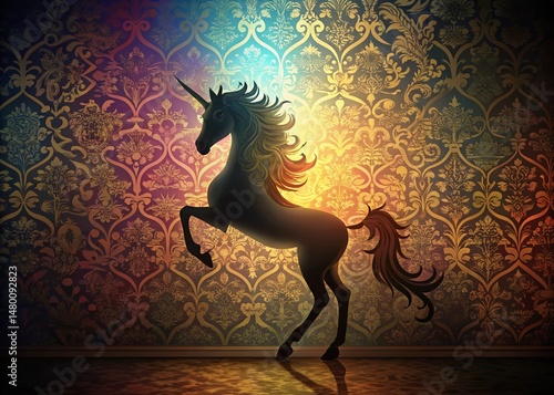 Elegant Unicorn Silhouette on Ornate Wallpaper - High-Resolution Stock Photo