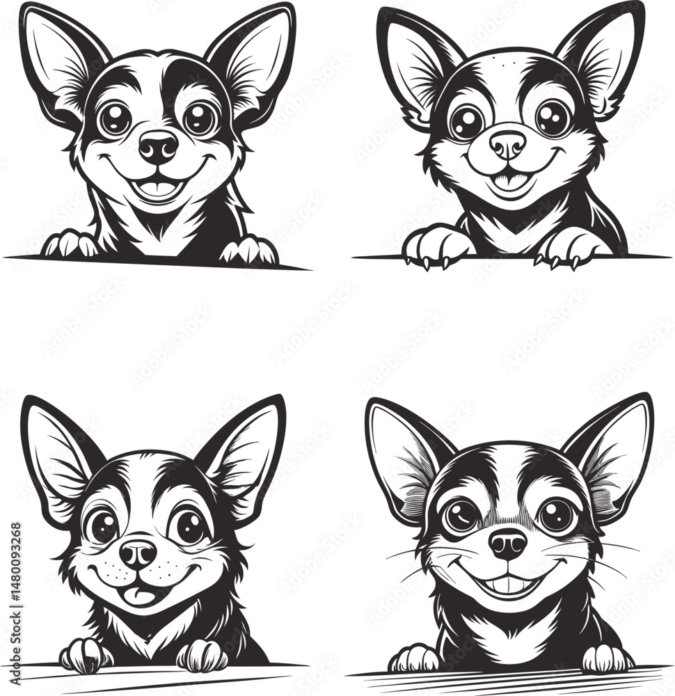 Fototapeta premium Adorable Chihuahuas peeking over a surface cute dogs black and white vector illustration