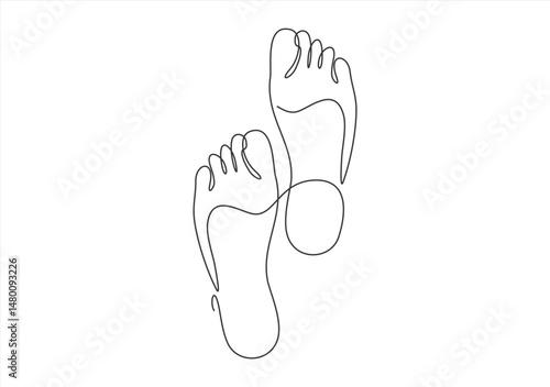 Footprint and bare foot in one continuous line drawing. Elegance female feet in simple linear style. Concept of Wellness massage and Care about soft skin. Editable stroke.