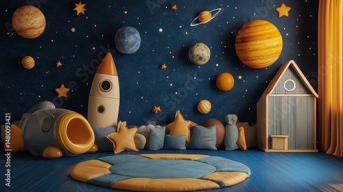 Whimsical Space Nursery Design with Planets, Rocket, and Soft Play Area for Imaginative Children