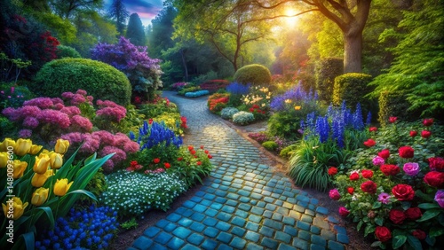 Elevated View of Spring Garden with Blue Brick Texture - Surreal Photography