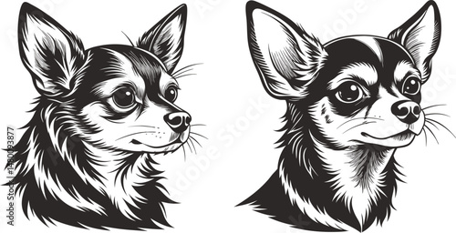 Chihuahua dog portraits in black and white ink style  vector illustration , adorable pet 