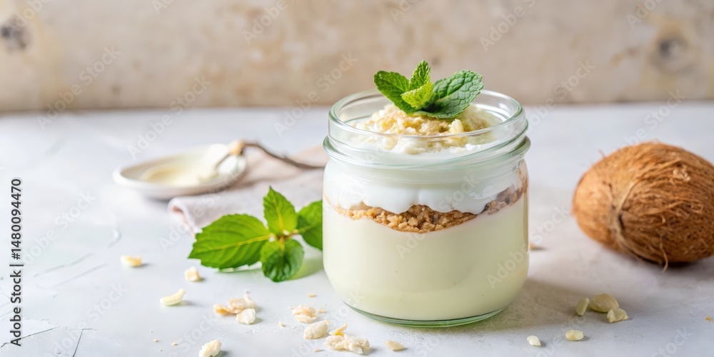 Creamy Coconut Dessert in a Glass Jar with Topped with Mint Leaves and Crumbled Coconut Creamy Coconut Dessert in a Glass Jar with Topped with Mint Leaves and Crumbled Coconut