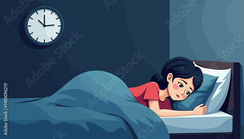 Woman awake in bed with a clock, portraying insomnia, for blogs