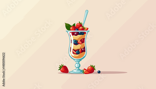 Fruit parfait in a tall glass, vector illustration, with copy space