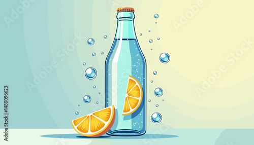 Sparkling water bottle with orange slices illustration for health, with copy space