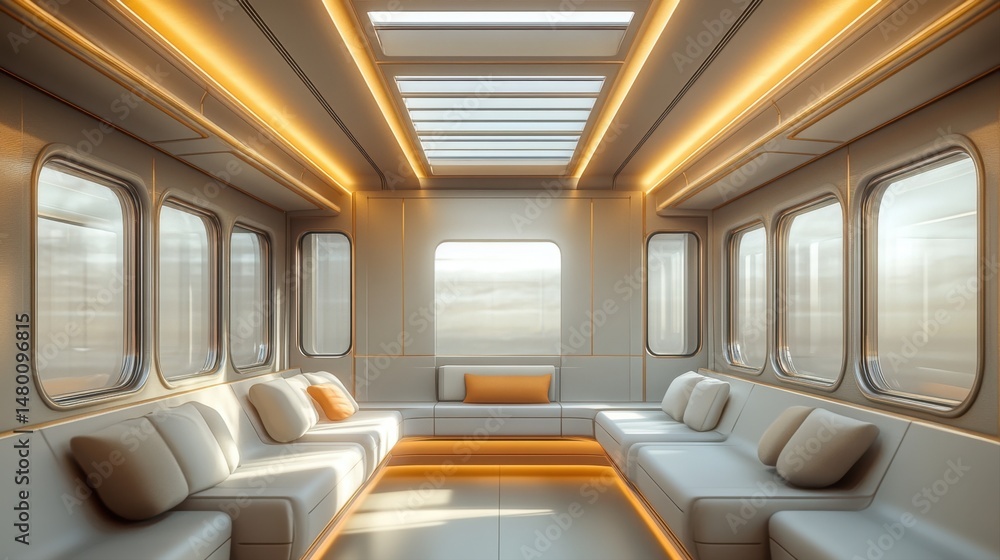 Modern Interior of a Sleek Transportation Vehicle with Cozy Seating and Abundant Natural Light Modern Interior of a Sleek Transportation Vehicle with Cozy Seating and Abundant Natural Light