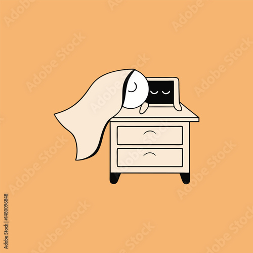 Exhausted cartoon character napping on bedside table with sleepy lamp vector illustration