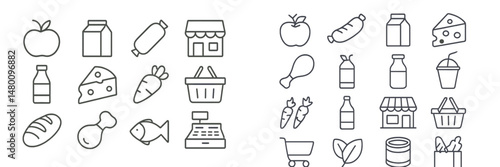 Grocery items and shopping icons in simple line art style suitable for various layouts