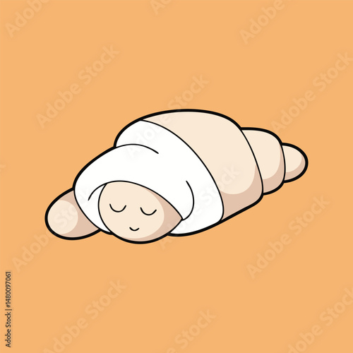 Cartoon croissant character sleeping peacefully wrapped in white cloth on orange background