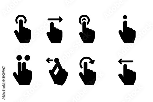 Gestures for touch screen interaction displayed through various hand icons demonstrating tapping, swiping, and scrolling actions