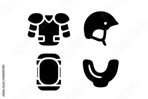 Protective sports gear including shoulder pads, helmet, knee pad, and mouthguard on a white background