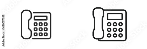 Two simple black and white illustrations of classic landline telephones on a clean background showcasing different designs