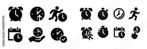 Various symbols representing time management, scheduling, and urgency in daily life and activities