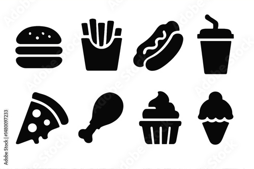 Variety of fast food items including burger, fries, hot dog, and pizza arranged on a white background