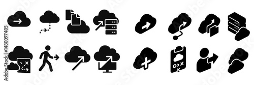 Cloud computing icons illustrating data transfer, storage, and user interactions in a digital environment