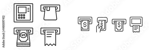 Different types of ATM symbols representing cash withdrawal and transaction procedures displayed in a simple design