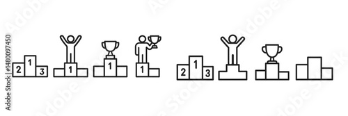 Celebrating achievements in a competition with podiums, trophies, and participants showcasing their success