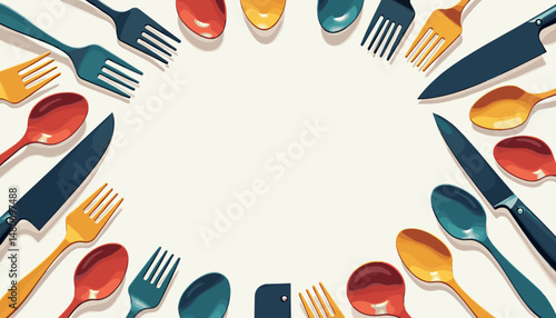 Colorful kitchen utensils frame cooking background, with copy space