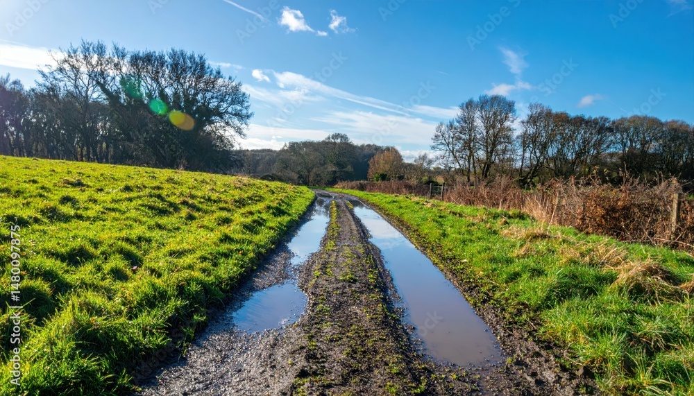 Fototapeta premium Serene Country Road with Muddy Puddles and Vibrant Greenery