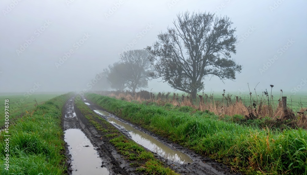 Fototapeta premium Misty Country Road with Trees on a Foggy Morning Landscape
