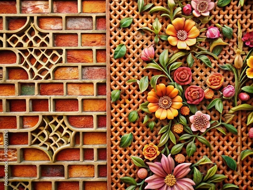 Floral Brickwork Pattern: Perforated Design with Copy Space