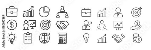 Business and finance icons representing growth, teamwork, and success displayed in a minimalistic style