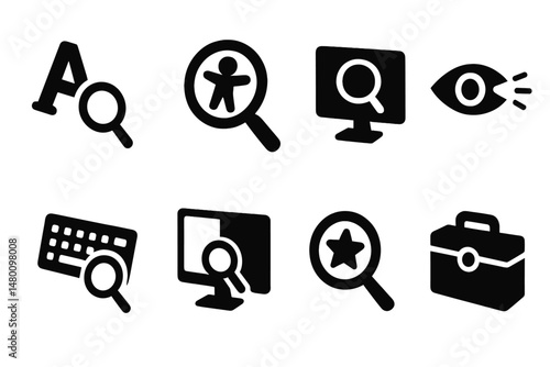 Black icons depicting search and discovery activities in various contexts including education, technology, and work