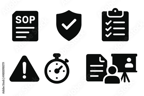 Elements representing standard operating procedures and compliance in a corporate environment showcasing documentation and time management