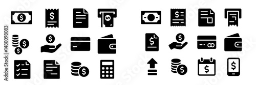 Various financial icons including money, transactions, and budgeting tools displayed in black silhouette style
