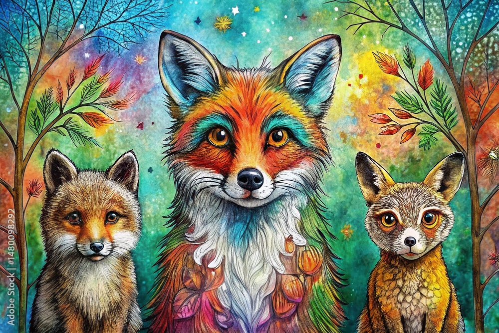 Fototapeta premium Forest Animals Line Art: Hand-Painted Scribble Pattern Wildlife Illustration