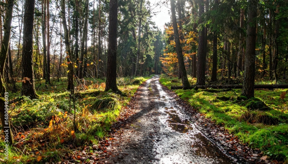 Fototapeta premium Serene Forest Pathway Through Trees with Autumn Leaves and Sunlight