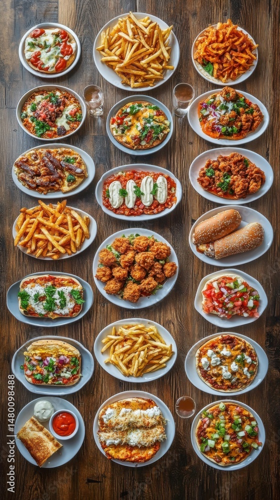 Overhead shot of diverse food platters featuring pizza fries chicken sandwiches and toast on wooden table Overhead shot of diverse food platters featuring pizza fries chicken sandwiches and toast on wooden table