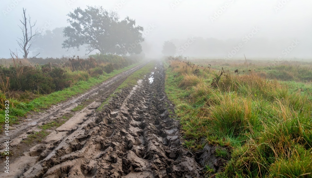 Obraz premium Misty Country Road with Muddy Tracks Surrounded by Tall Grass
