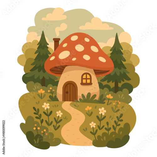 Fairy Forest Mushroom Home. Whimsical cozy Mushroom House nestled in the forest, drawn in a soft flat vector style. Perfect for lovers of cottagecore, fairytales, and woodland vibes