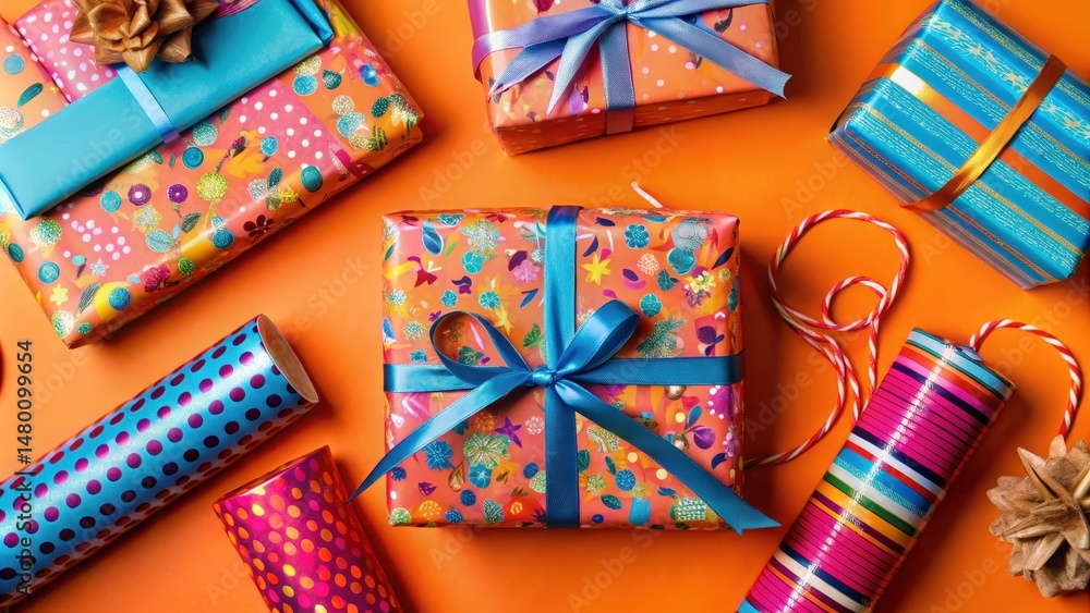 A vibrant arrangement of colorful gift boxes, featuring a mix of patterned papers and blue satin ribbons, all set against a bright orange background. A vibrant arrangement of colorful gift boxes, featuring a mix of patterned papers and blue satin ribbons, all set against a bright orange background.