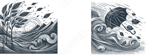 Set of Leaves Flying in the Wind During a Storm – Intricate Nature-Inspired Engraving Design for Cutting, Wood Carving,  or Wall Art – Vector File for Digital Download