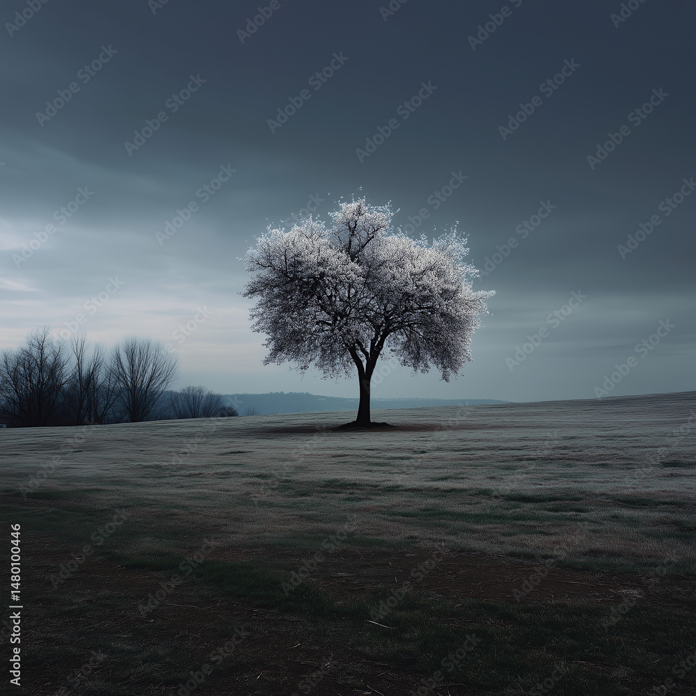 Lone Frosted Tree in a Winter Landscape