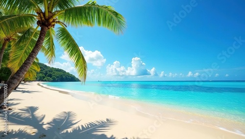 Idyllic sunny beach scene with clear blue water and soft sand , dreamy, tropical