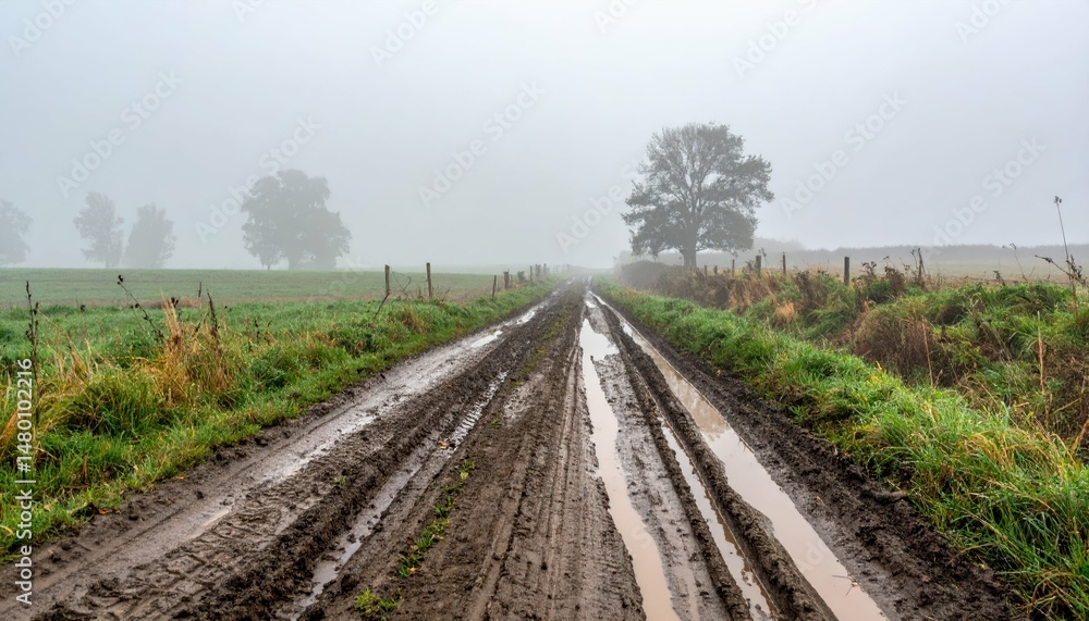 Misty Country Road with Muddy Tracks and Lush Green Landscape Misty Country Road with Muddy Tracks and Lush Green Landscape