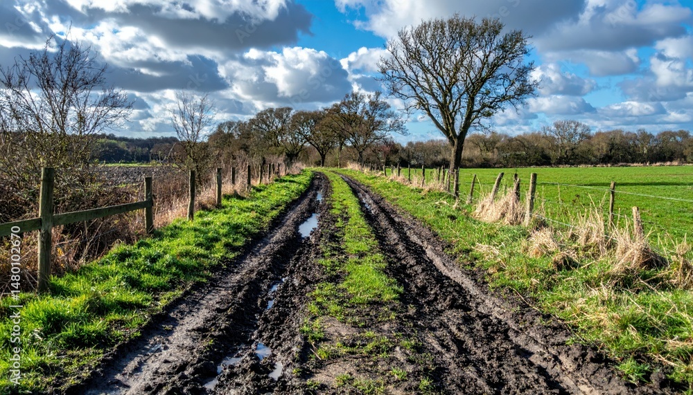 Obraz premium Muddy Path Through Countryside with Blue Sky and Fluffy Clouds