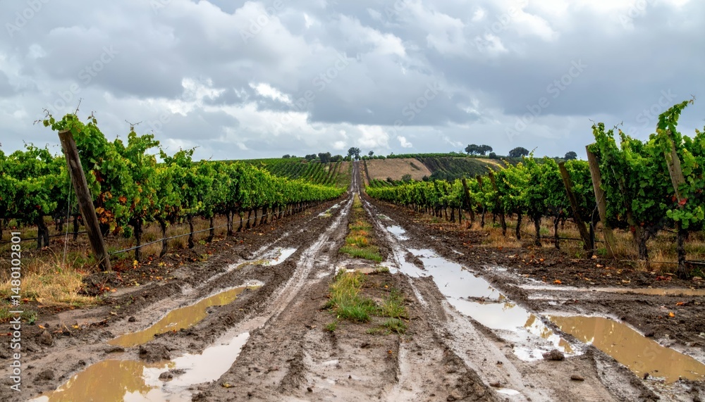 Obraz premium Scenic Vineyard Pathway with Clouds and Reflection on Muddy Soil
