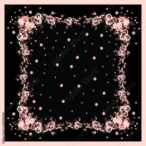 black color hijab scarf with a stylized flowers. Vector design for a neckerchief, carpet, kerchief, bandana, rug. Pink elegance floral pattern
