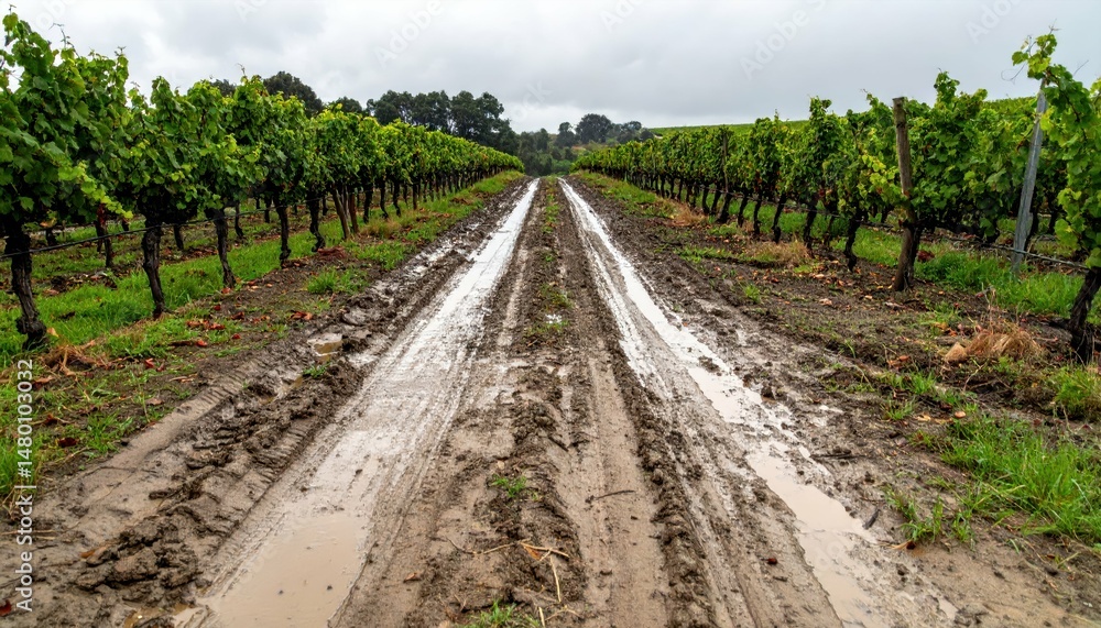 Fototapeta premium Muddy Vineyard Path Between Rows of Lush Green Grape Vines