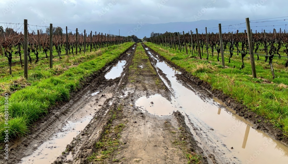 Obraz premium Muddy Vineyard Pathway Between Rows of Grapevines on a Cloudy Day