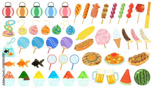 夏祭りのイラストセット ベクター素材