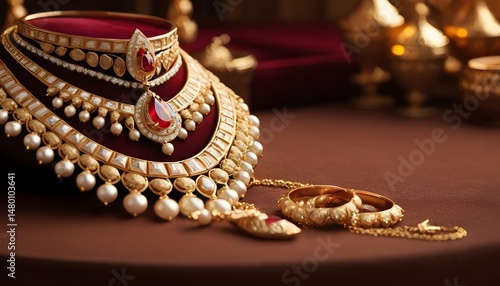Luxurious Indian Bridal Jewelry Set on Velvet Brown Background with Depth of Field – Gold, Pearl, and Ruby Ornaments