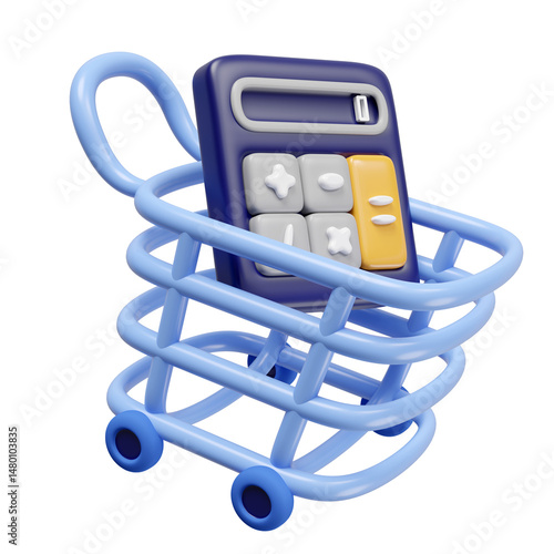 3d shopping carts, basket cartoon with calculator isolated. 3d render illustration