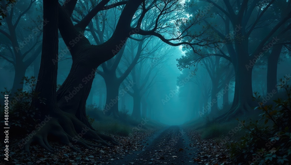 Naklejka premium Dark, mysterious forest, gnarled trees, deep shadows, pattern, silhouette